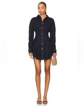 OW Collection Ella Denim Shirt Dress in Dark Wash in Size Small